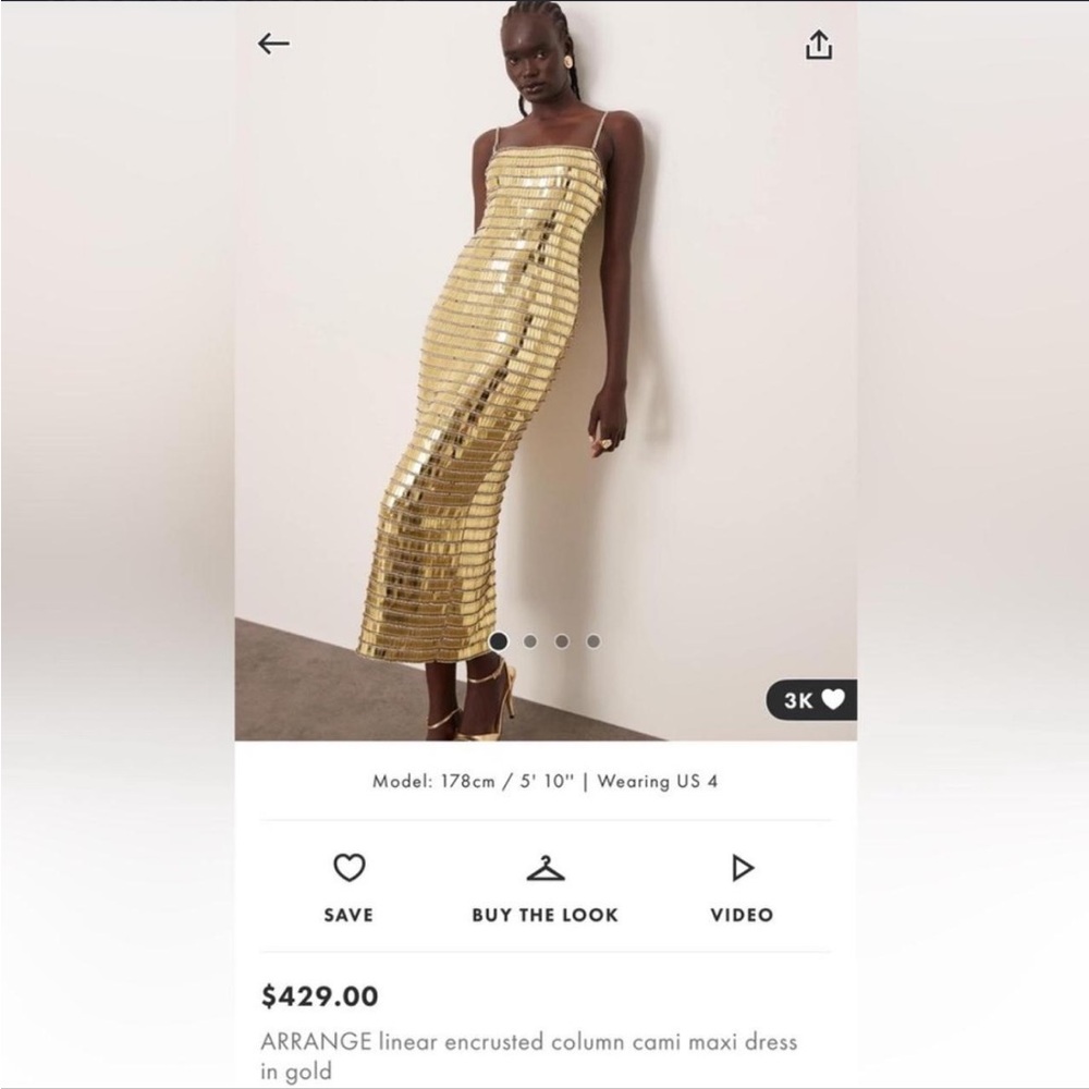 ARRANGE linear encrusted column cami maxi dress in gold
Size 6